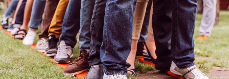 Employees participating in a team building game.