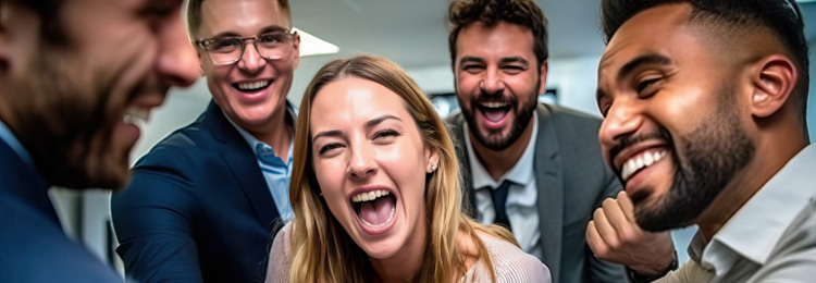 group of people are laughing and having fun