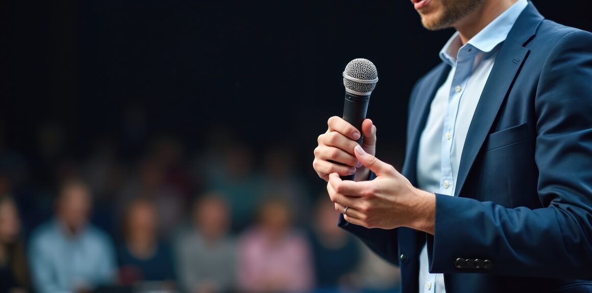 Presenter with mic on stage speaks to audience in hall. Motivational speaker gives speech at conference. Businessman presents report at summit. Public performance in auditorium.