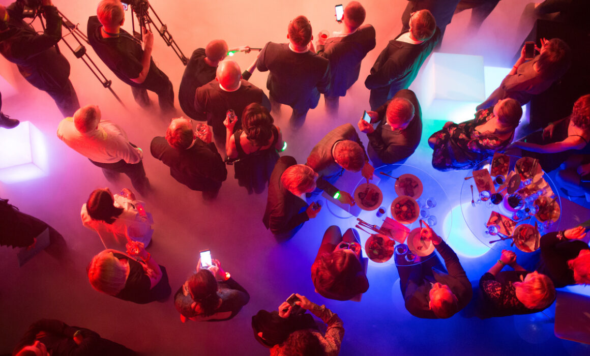 Party and corporate concept. People at the tables, top view.