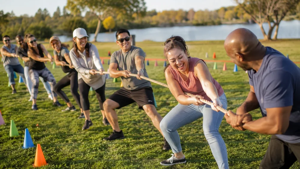 Diverse coworkers enjoying team building activities during a tug of war game on a grassy field beside a lake.