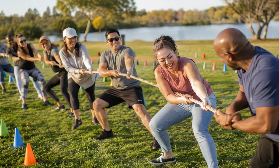Diverse coworkers enjoying team building activities during a tug of war game on a grassy field beside a lake.