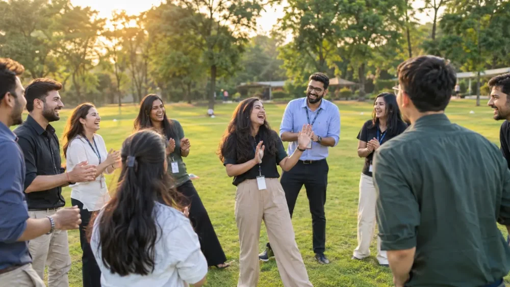 Icebreaker Questions & Games activity with a diverse group of professionals laughing, clapping, and participating in a fun team-building game outdoors on a sunny green lawn.