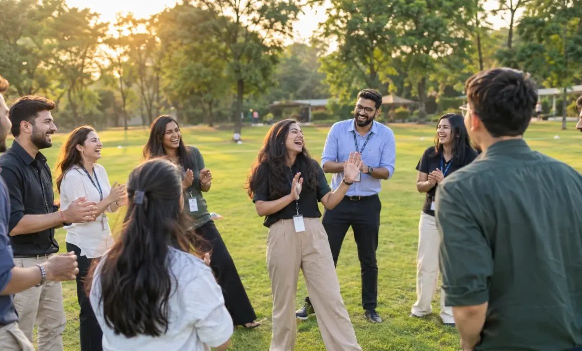 Icebreaker Questions & Games activity with a diverse group of professionals laughing, clapping, and participating in a fun team-building game outdoors on a sunny green lawn.